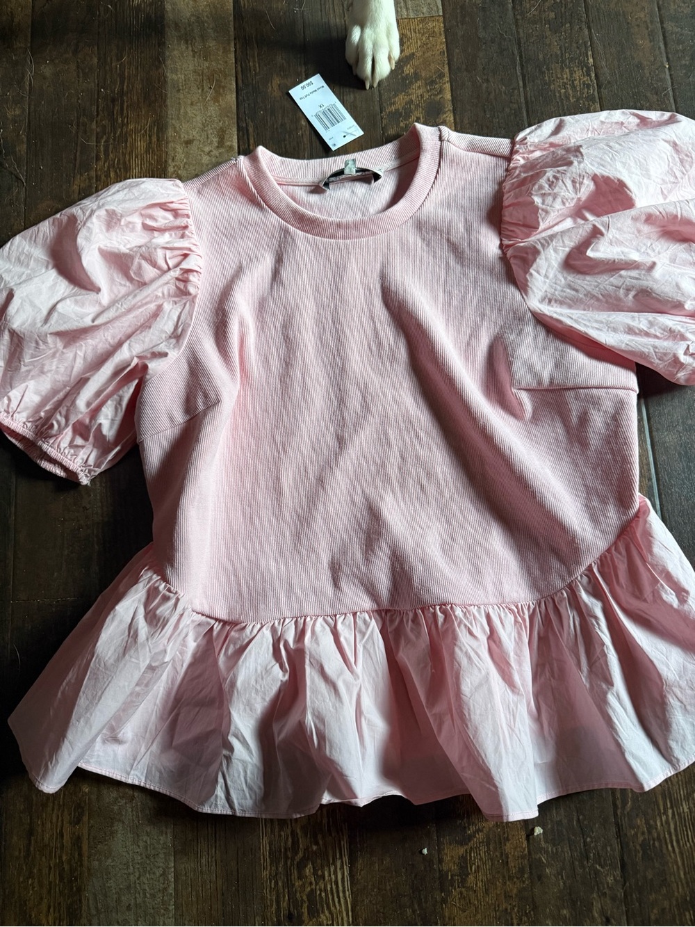 English Factory Light Pink Puff-Sleeve Peplum Top